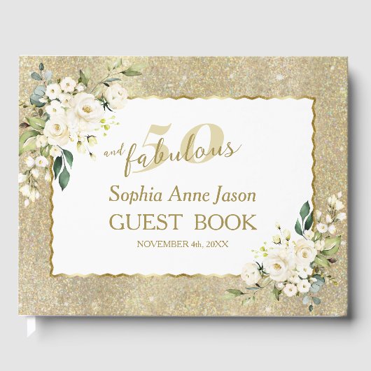 Goud Wit Bloemen 50 en Fabulous Verjaardagsfeest Gastenboek (Voorkant)