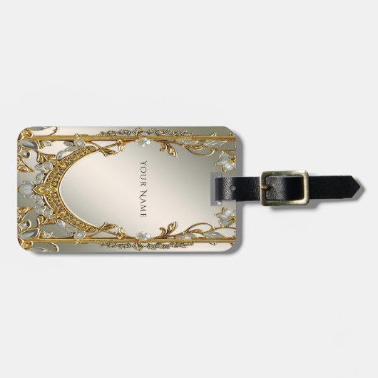 Goud  Wit Bloemen Bagagelabel (Voorkant horizontaal)