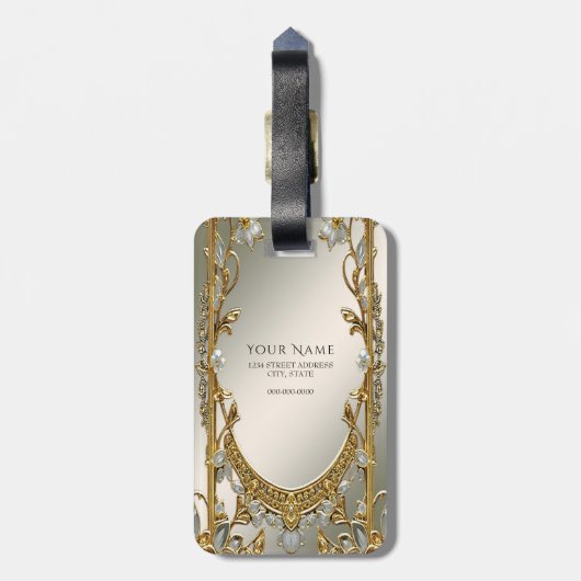 Goud  Wit Bloemen Bagagelabel (Achterkant verticaal)