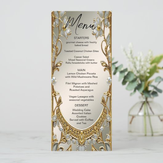 Goud Wit Bloemen Bruiloft Menu (Staand voorkant)
