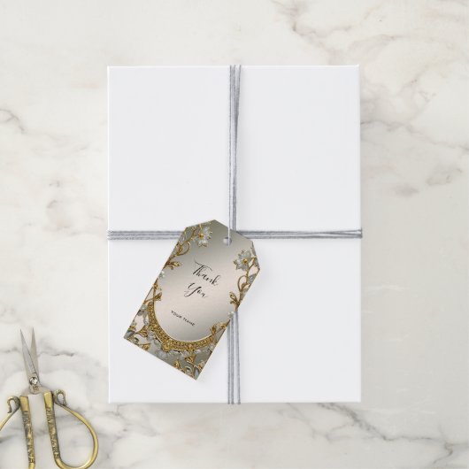 Goud  Wit Bloemen Cadeau Label Cadeaulabel (Met Touw)