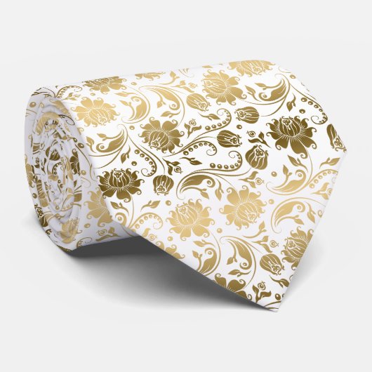 Goud & Wit Bloemen Damasks Patroon Stropdas (Opgerold)