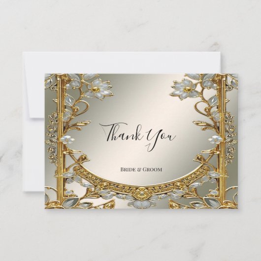 Goud  Wit Bloemen Dank u kaart (Voorkant)