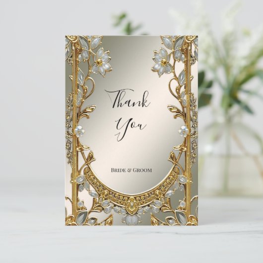 Goud Wit Bloemen Dank u kaart (Staand voorkant)