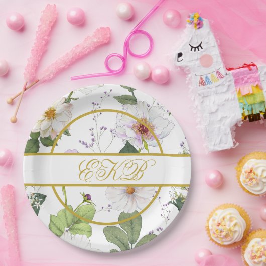 Goud Wit Bloemen Elegant Modern Monogram Papieren Bordje (Feest)