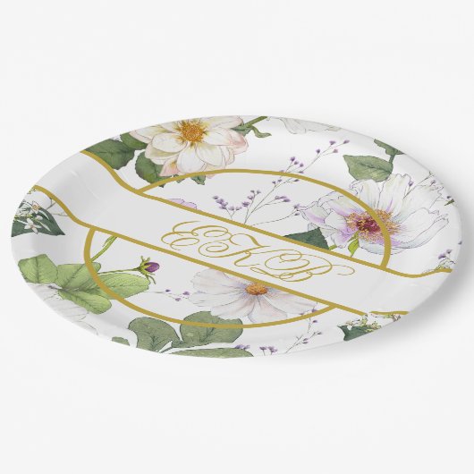 Goud Wit Bloemen Elegant Modern Monogram Papieren Bordje (Gekanteld)