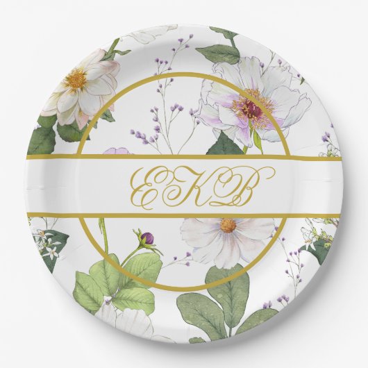 Goud Wit Bloemen Elegant Modern Monogram Papieren Bordje (Voorkant)