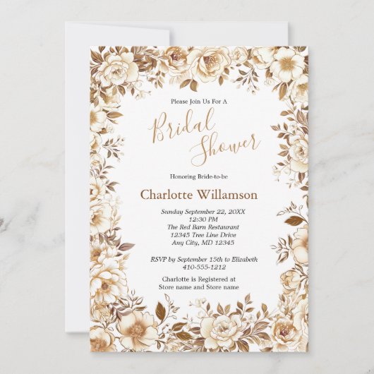 Goud Wit Bloemen Elegante Bruids Douche Uitnodigin Kaart (Voorkant)