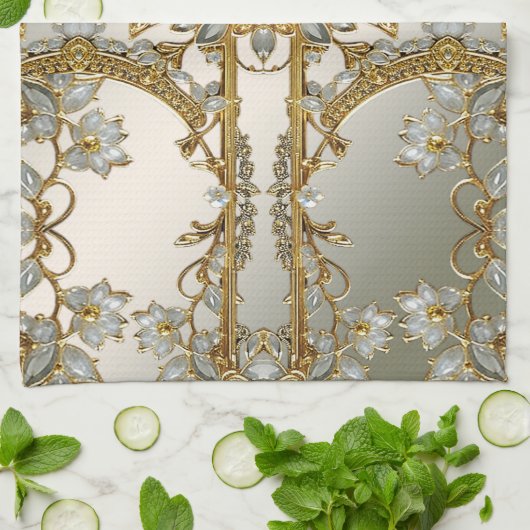 Goud  Wit Bloemen Keuken Handdoeken (Gevouwen)