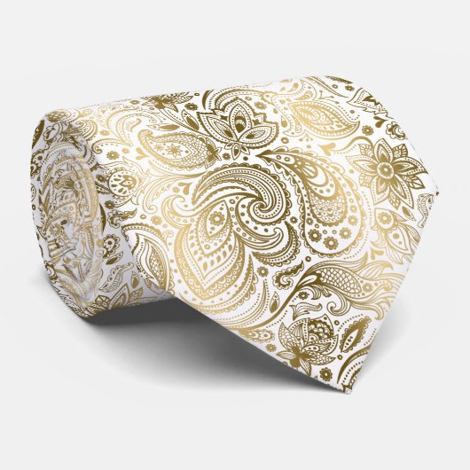 Goud & Wit Bloemen Paisley Damasks Patroon Stropdas (Opgerold)