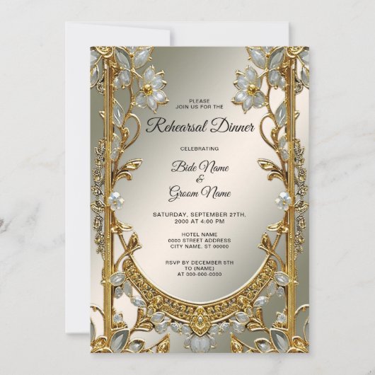 Goud  Wit Bloemen Repetitie Diner Kaart (Voorkant)