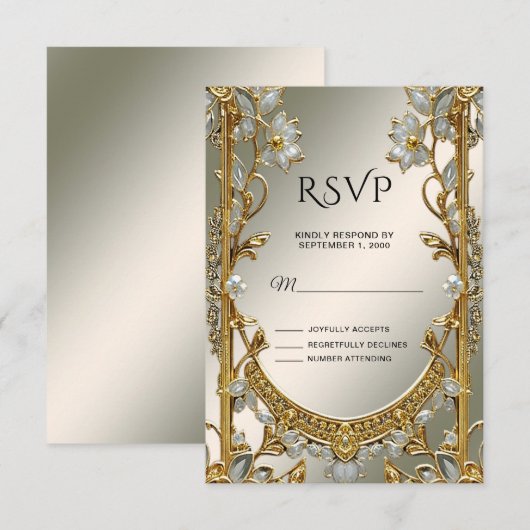 Goud  Wit Bloemen RSVP-kaart RSVP Kaartje (Voorkant / Achterkant)