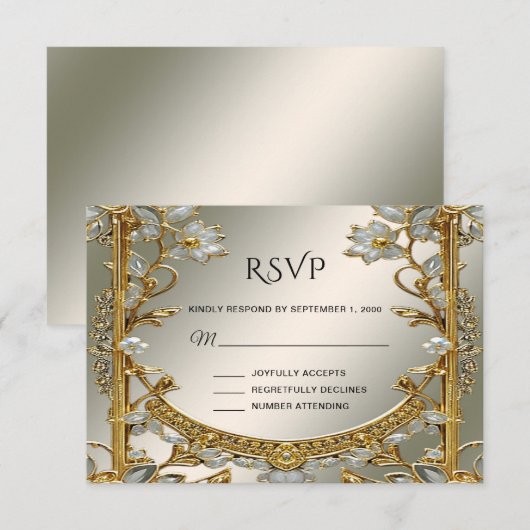 Goud  Wit Bloemen RSVP-kaart RSVP Kaartje (Voorkant / Achterkant)