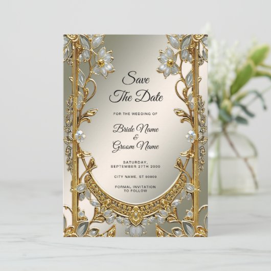 Goud  Wit Bloemen Save The Date (Staand voorkant)