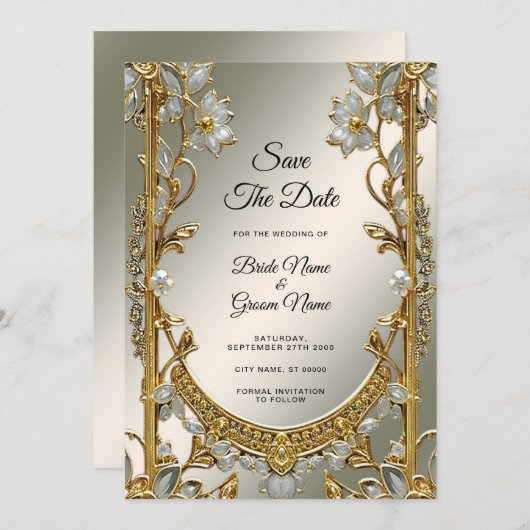 Goud  Wit Bloemen Save The Date (Voorkant / Achterkant)