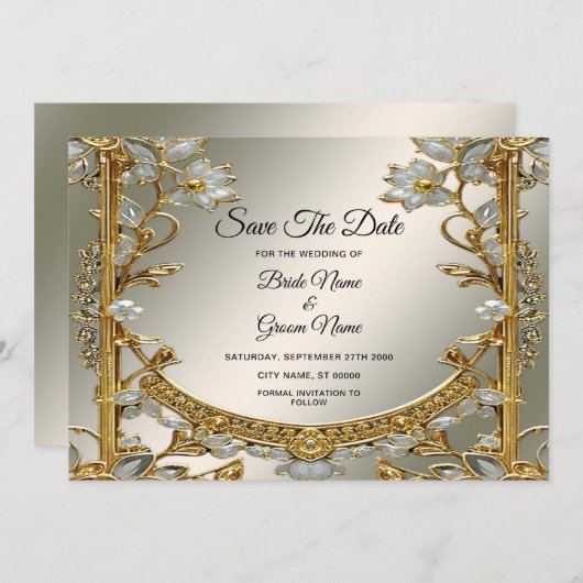 Goud  Wit Bloemen Save The Date (Voorkant / Achterkant)