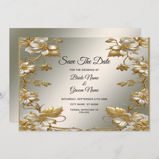 Goud Wit Bloemen Save The Date (Voorkant / Achterkant)