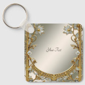 Goud  Wit Bloemen Sleutelhanger (Voorkant)