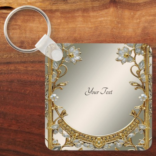 Goud  Wit Bloemen Sleutelhanger (Voorkant)