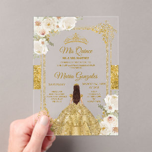 Goud & Wit Bloemen Verjaardag Kroon Mis Quince Acryl Uitnodigingen