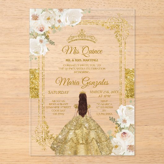 Goud & Wit Bloemen Verjaardag Kroon Mis Quince Acryl Uitnodigingen (Voorkant)