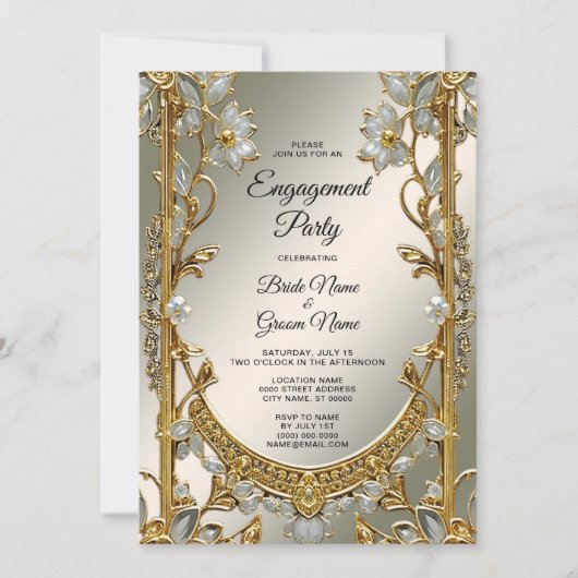 Goud  Wit Bloemen Verloving Kaart (Voorkant)