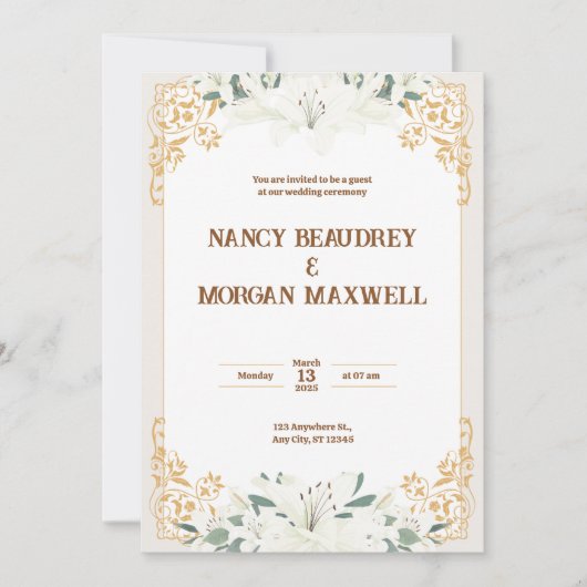 Goud Wit Bloemen Waterverf Illustratie Trouwen Kaart (Voorkant)