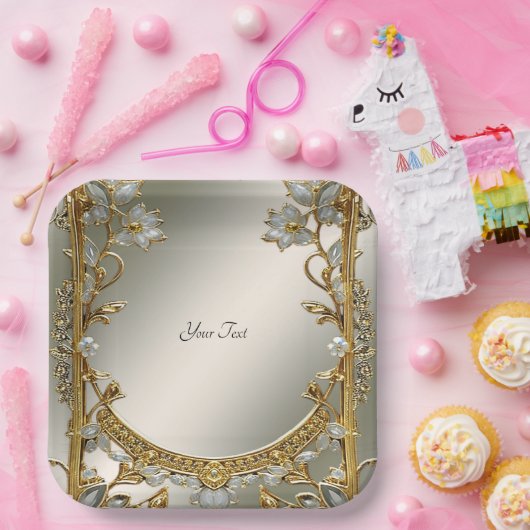 Goud wit bloemenpapier Bord (Feest)