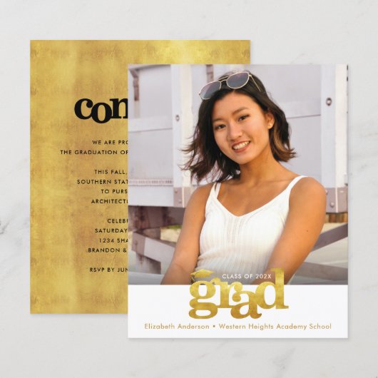 Goud Wit Budget Foto Afstuderen Vet Hoedje Uitnodi (Voorkant / Achterkant)