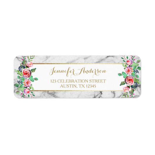 Goud Wit Chic Mooie Bloemen Rozen Marmer Etiket (Voorkant)