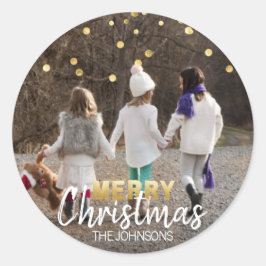 Goud Wit Confetti Vrolijk kerstfeest | FOTO Ronde Sticker