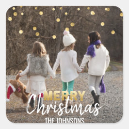 Goud Wit Confetti Vrolijk kerstfeest | FOTO Vierkante Sticker