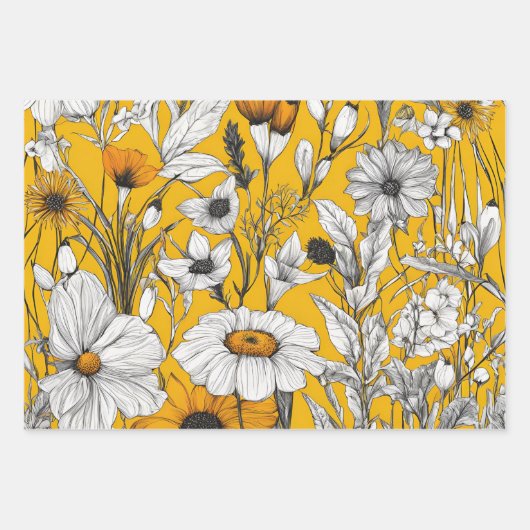 Goud Wit Daisy Boho Wildflower Decoupage Inpakpapier Vel (Voorkant 2)