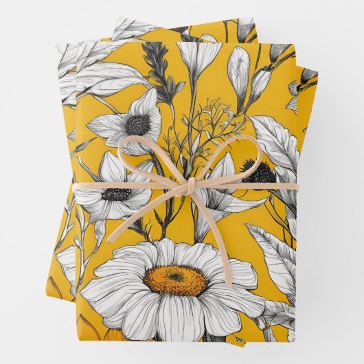 Goud Wit Daisy Boho Wildflower Decoupage Inpakpapier Vel (In situ)