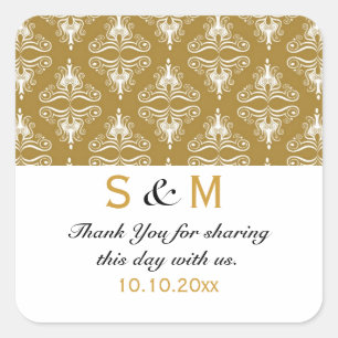 Goud Wit Damask Dank u Monogram Bruiloft Vierkante Sticker
