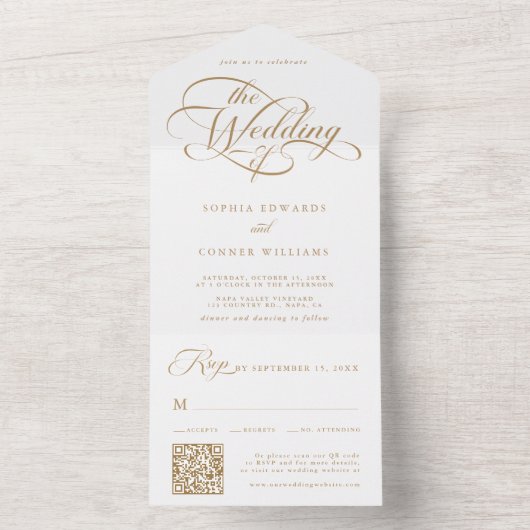 Goud & Wit Delicate Elegant Script Wedding All In One Uitnodiging (Binnen)