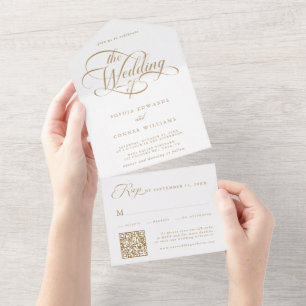 Goud & Wit Delicate Elegant Script Wedding All In One Uitnodiging