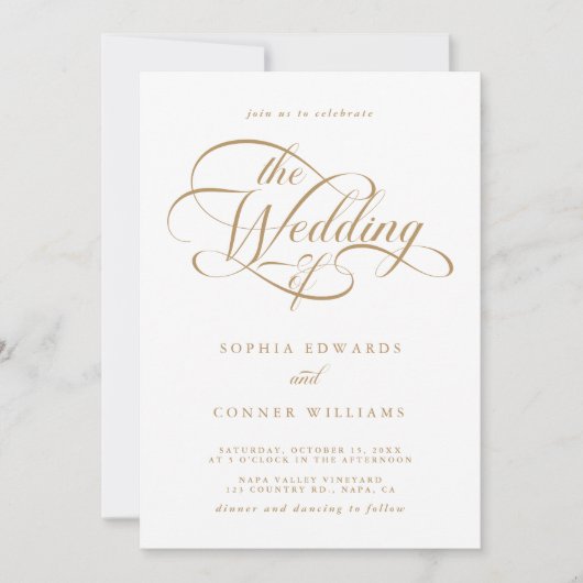 Goud & Wit Delicate Elegant Script Wedding Kaart (Voorkant)