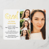 Goud wit eenvoudig Grad-script 4 foto's afstuderen Folie Uitnodiging (Voorkant)