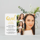 Goud wit eenvoudig Grad-script 4 foto's afstuderen Folie Uitnodiging (Staand Voorkant)
