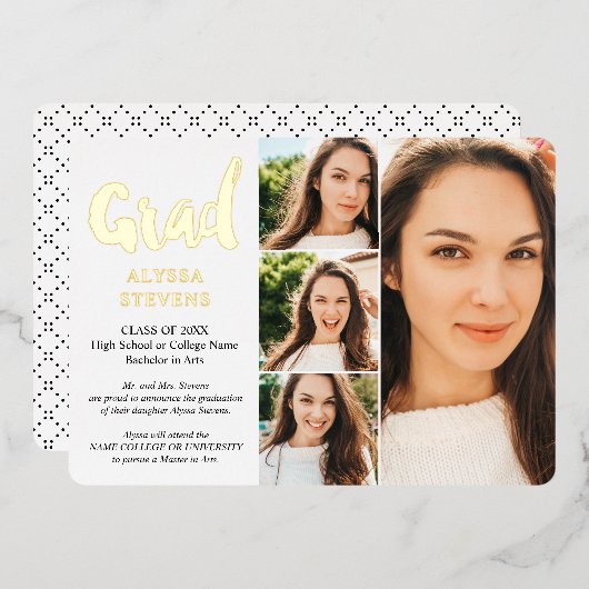 Goud wit eenvoudig Grad-script 4 foto's afstuderen Folie Uitnodiging (Voorkant / Achterkant)