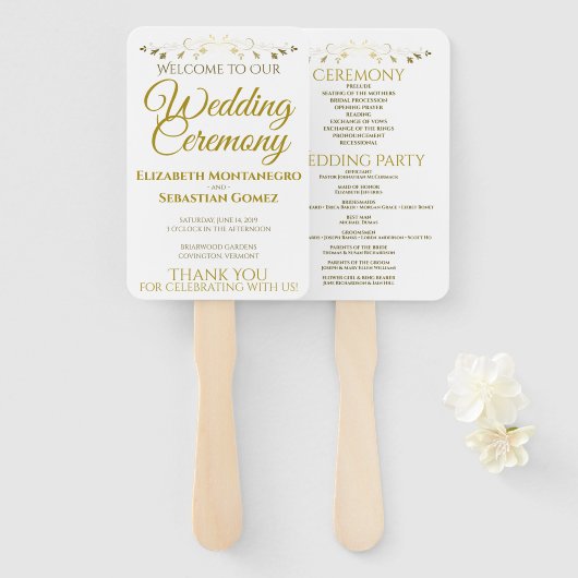Goud & Wit Elegant Bloeiend Huwelijksprogramma Handwaaier (Voorkant en achterkant)