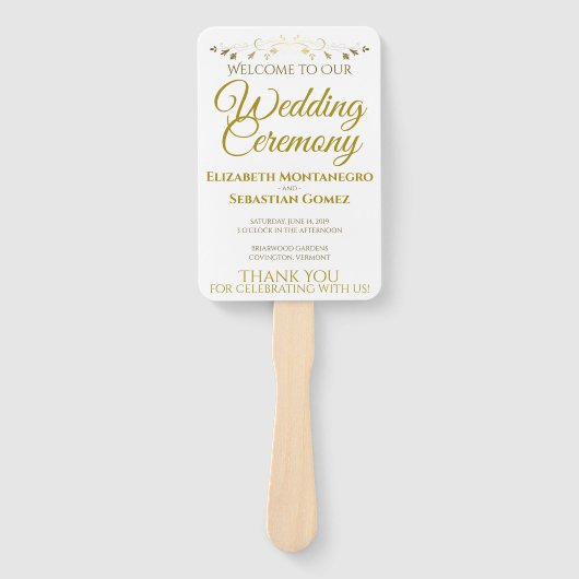Goud & Wit Elegant Bloeiend Huwelijksprogramma Handwaaier (Voorkant)