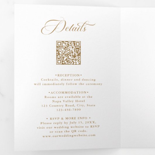Goud & Wit Elegant Charm Script Trouwen Drieluik Uitnodiging (Binnenzijde eerst)