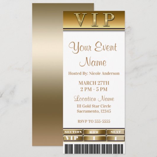 Goud & Wit Elegant Dinerfeest VIP Ticket Kaart (Voorkant / Achterkant)