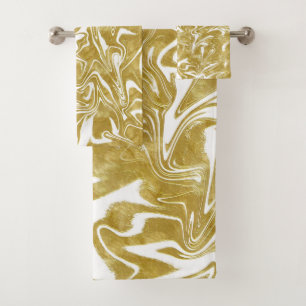 Goud & Wit Elegante Glam Marmer Werveling Bad Handdoek