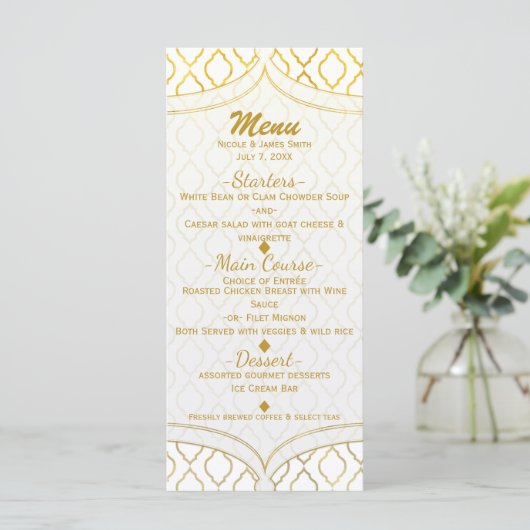 Goud & Wit Elegante Marokkaanse Glam Wedding Menu (Staand voorkant)