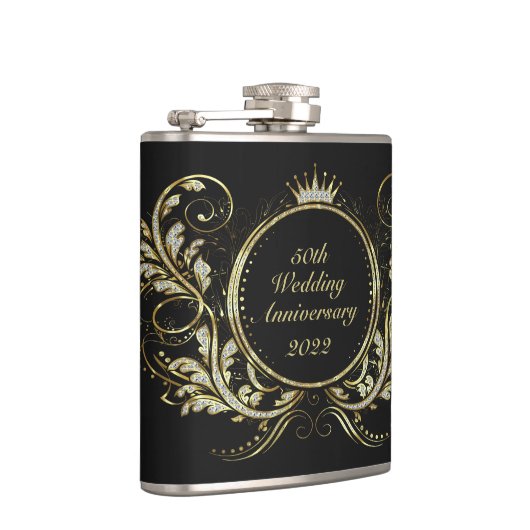 Goud & Wit Faux Glitter Bloemen Lijst Heupfles (Rechts)