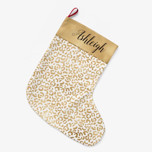 Goud Wit Glam Luipaard Print Grote Kerstsok (Voorkant (Hangend))