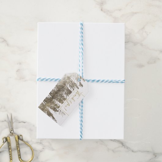 Goud & Wit Glam Pine Tree Rustieke Bos Bruiloft Cadeaulabel (Met Touw)